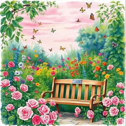 A beautifully detailed watercolor painting of a lush, vibrant garden filled with colorful flowers and greenery, with a soft pink sunset illuminating the scene
