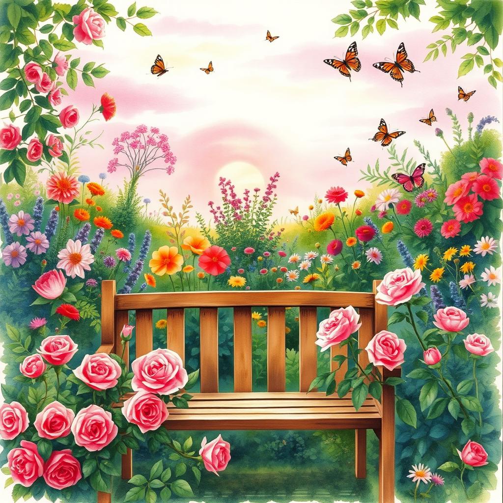 A beautifully detailed watercolor painting of a lush, vibrant garden filled with colorful flowers and greenery, with a soft pink sunset illuminating the scene