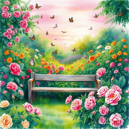 A beautifully detailed watercolor painting of a lush, vibrant garden filled with colorful flowers and greenery, with a soft pink sunset illuminating the scene