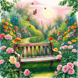 A beautifully detailed watercolor painting of a lush, vibrant garden filled with colorful flowers and greenery, with a soft pink sunset illuminating the scene