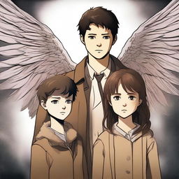 A high-quality digital art image depicts a 14-year-old girl and a 6-year-old boy, the children of Castiel, complete with ethereal wings as a nod to their angelic heritage