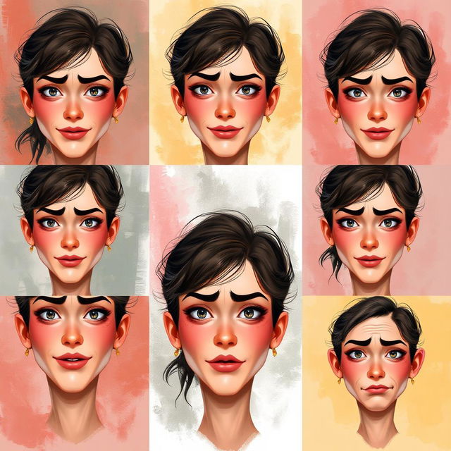 Ten images of the same face with variations in expression and style, showcasing artistic interpretations of the same features