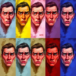 Ten images of the same face with variations in expression and style, showcasing artistic interpretations of the same features