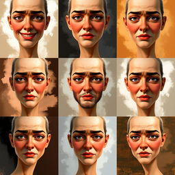 Ten images of the same face with variations in expression and style, showcasing artistic interpretations of the same features