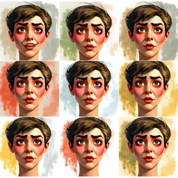 Ten images of the same face with variations in expression and style, showcasing artistic interpretations of the same features