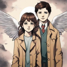 A high-quality digital art image depicts a 14-year-old girl and a 6-year-old boy, the children of Castiel, complete with ethereal wings as a nod to their angelic heritage