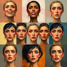 Ten artistic interpretations of the same face, focusing on unique expressions and styles