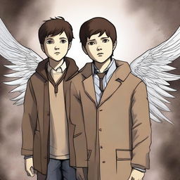 A high-quality digital art image depicts a 14-year-old girl and a 6-year-old boy, the children of Castiel, complete with ethereal wings as a nod to their angelic heritage