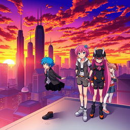 A vibrant and colorful anime scene featuring a dynamic cityscape at sunset, with tall skyscrapers silhouetted against the orange and purple sky