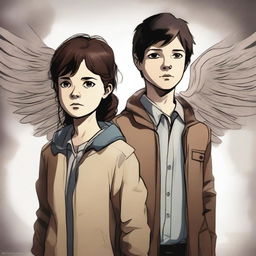 A high-quality digital art image depicts a 14-year-old girl and a 6-year-old boy, the children of Castiel, complete with ethereal wings as a nod to their angelic heritage