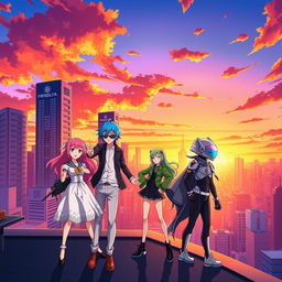 A vibrant and colorful anime scene featuring a dynamic cityscape at sunset, with tall skyscrapers silhouetted against the orange and purple sky