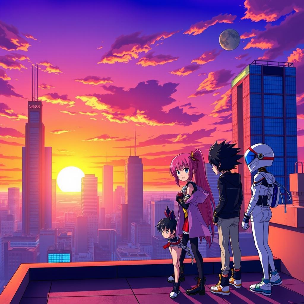 A vibrant and colorful anime scene featuring a dynamic cityscape at sunset, with tall skyscrapers silhouetted against the orange and purple sky