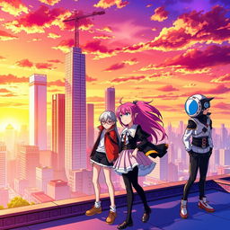 A vibrant and colorful anime scene featuring a dynamic cityscape at sunset, with tall skyscrapers silhouetted against the orange and purple sky