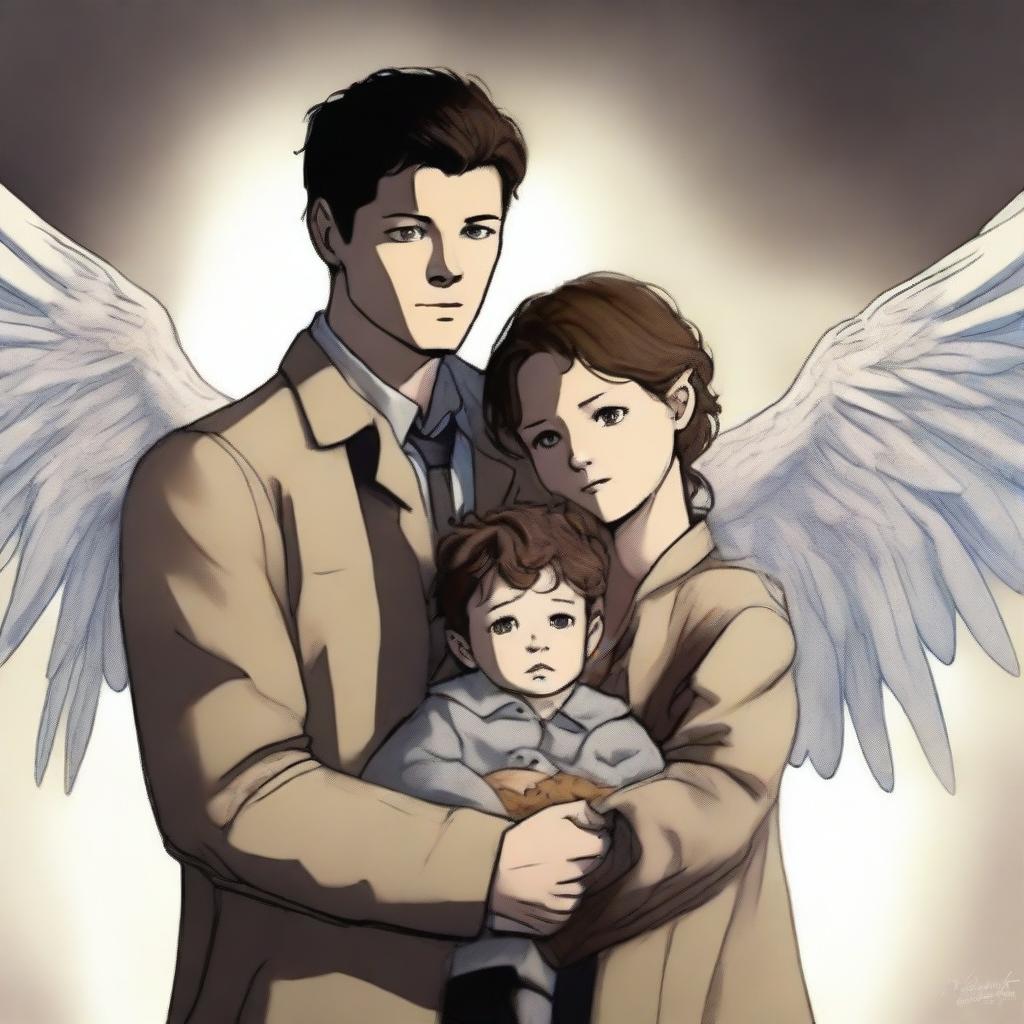 A high-quality digital art image portrays a 14-year-old girl and a 3-year-old boy, the children of Castiel, complete with ethereal wings as a nod to their angelic heritage