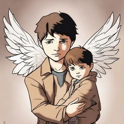 A high-quality digital art image portrays a 14-year-old girl and a 3-year-old boy, the children of Castiel, complete with ethereal wings as a nod to their angelic heritage