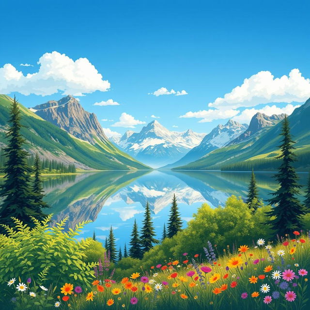 A vibrant illustration inspired by a beautiful landscape, featuring a serene lake surrounded by majestic mountains under a clear blue sky