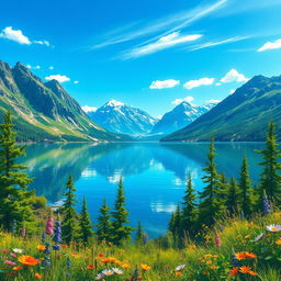 A vibrant illustration inspired by a beautiful landscape, featuring a serene lake surrounded by majestic mountains under a clear blue sky