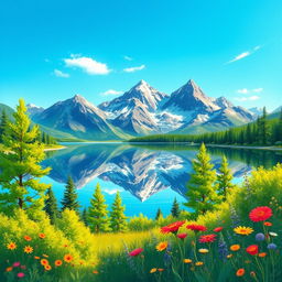 A vibrant illustration inspired by a beautiful landscape, featuring a serene lake surrounded by majestic mountains under a clear blue sky