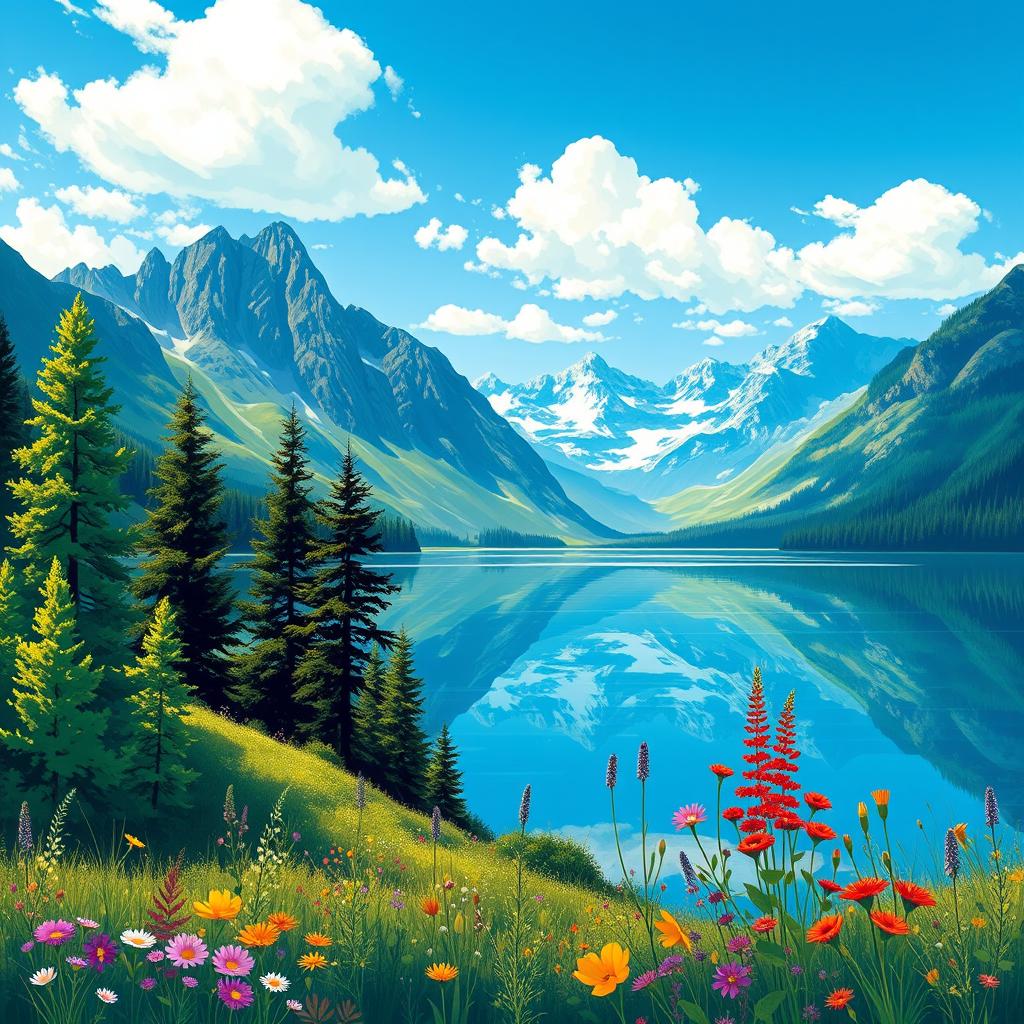 A vibrant illustration inspired by a beautiful landscape, featuring a serene lake surrounded by majestic mountains under a clear blue sky