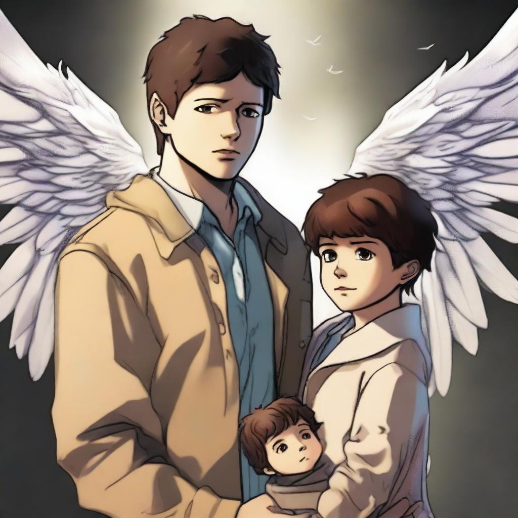 A high-quality digital art image portrays a 14-year-old girl and a 3-year-old boy, the children of Castiel, complete with ethereal wings as a nod to their angelic heritage