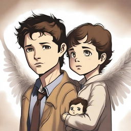 A high-quality digital art image portrays a 14-year-old girl and a 3-year-old boy, the children of Castiel, complete with ethereal wings as a nod to their angelic heritage