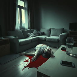 A haunting scene depicting a somber living room on the second floor of a medium-sized residential building