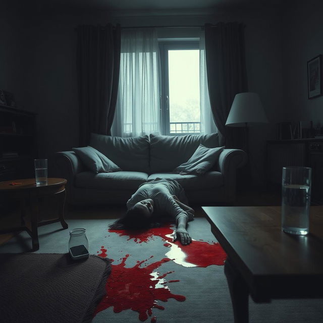 A haunting scene depicting a somber living room on the second floor of a medium-sized residential building