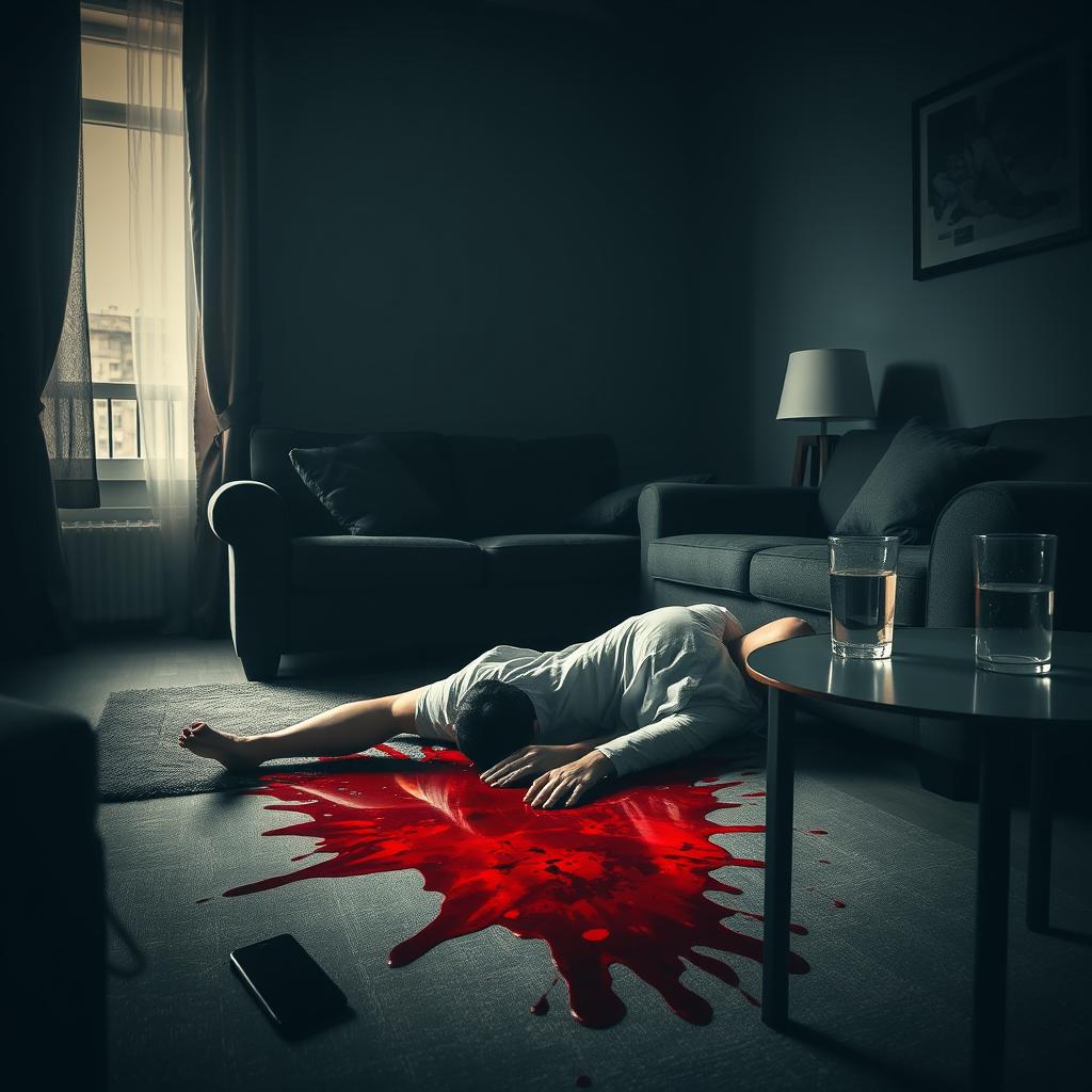 A haunting scene depicting a somber living room on the second floor of a medium-sized residential building