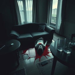 A haunting scene depicting a somber living room on the second floor of a medium-sized residential building