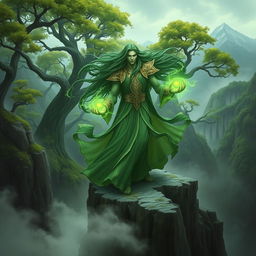 A powerful green Elden Lord depicted in an ethereal fantasy setting, standing majestically atop a craggy cliff, surrounded by an ancient forest
