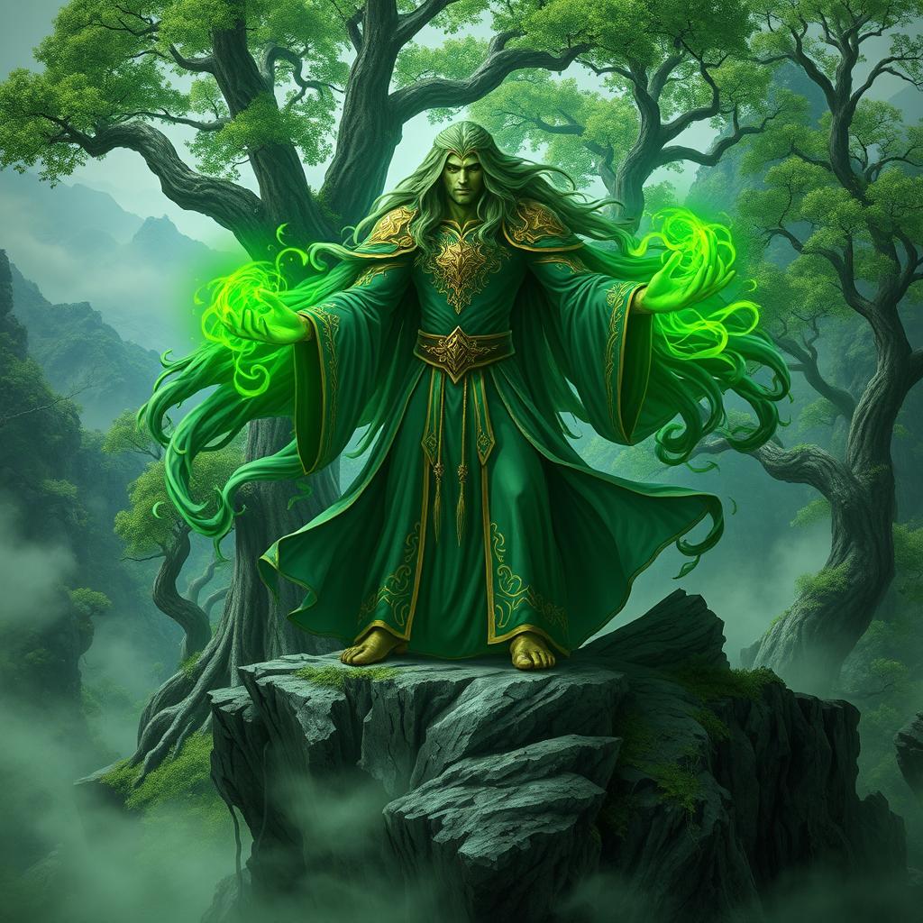 A powerful green Elden Lord depicted in an ethereal fantasy setting, standing majestically atop a craggy cliff, surrounded by an ancient forest