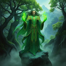 A powerful green Elden Lord depicted in an ethereal fantasy setting, standing majestically atop a craggy cliff, surrounded by an ancient forest