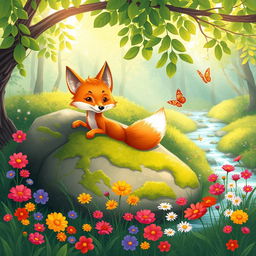 A vibrant and whimsical illustration of a fox, showcasing its bushy tail and striking orange fur in a lush green forest setting