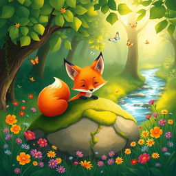 A vibrant and whimsical illustration of a fox, showcasing its bushy tail and striking orange fur in a lush green forest setting
