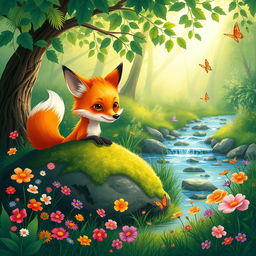 A vibrant and whimsical illustration of a fox, showcasing its bushy tail and striking orange fur in a lush green forest setting