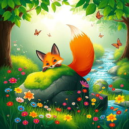 A vibrant and whimsical illustration of a fox, showcasing its bushy tail and striking orange fur in a lush green forest setting
