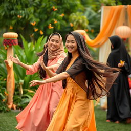 Beautiful and graceful women dancing in simple Sundanese traditional clothes, their movements fluid and elegant, surrounded by a lush green landscape, butterflies fluttering around, and traditional Indonesian decorations in soft, warm colors