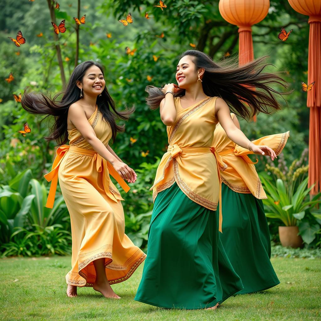 Beautiful and graceful women dancing in simple Sundanese traditional clothes, their movements fluid and elegant, surrounded by a lush green landscape, butterflies fluttering around, and traditional Indonesian decorations in soft, warm colors