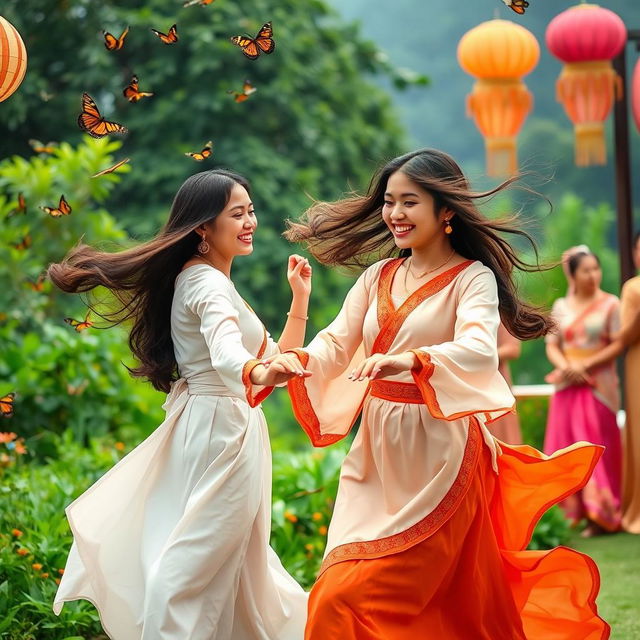 Beautiful and graceful women dancing in simple Sundanese traditional clothes, their movements fluid and elegant, surrounded by a lush green landscape, butterflies fluttering around, and traditional Indonesian decorations in soft, warm colors