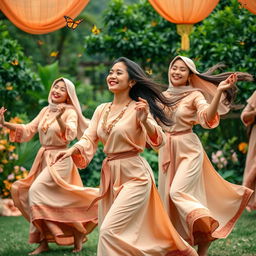 Beautiful and graceful women dancing in simple Sundanese traditional clothes, their movements fluid and elegant, surrounded by a lush green landscape, butterflies fluttering around, and traditional Indonesian decorations in soft, warm colors