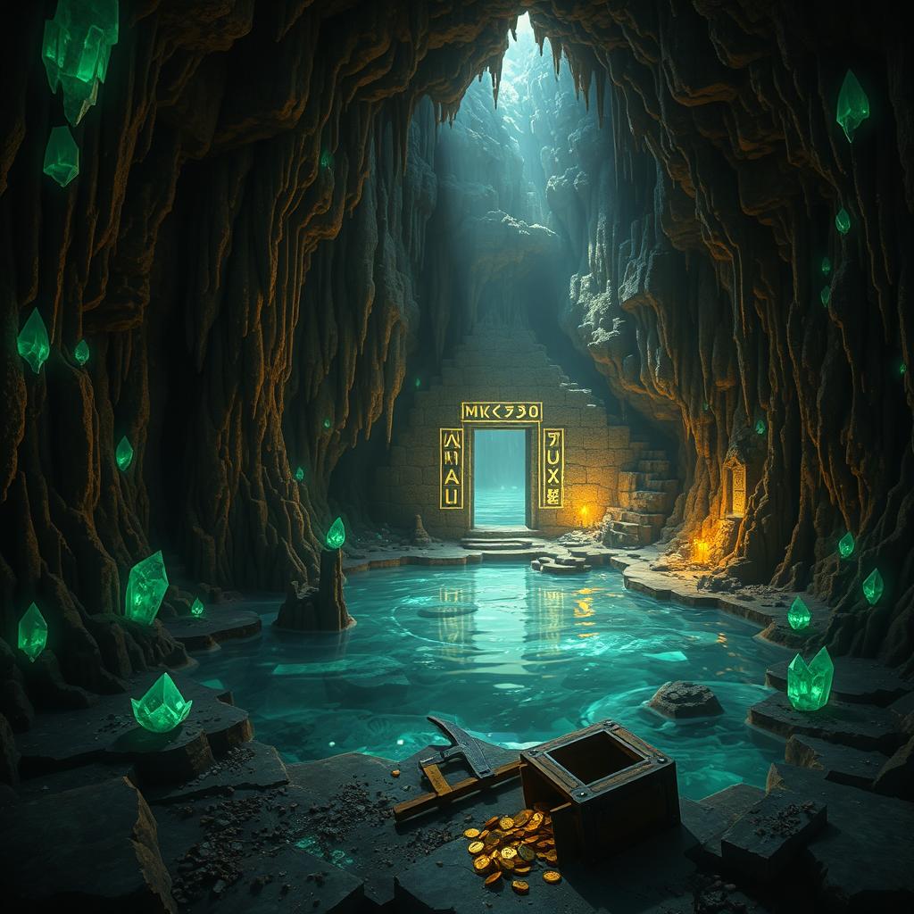 A mysterious underground cave in a Minecraft-inspired world, illuminated by glowing crystals and shimmering water pools