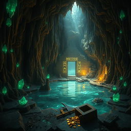 A mysterious underground cave in a Minecraft-inspired world, illuminated by glowing crystals and shimmering water pools