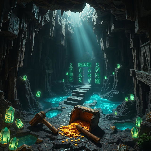 A mysterious underground cave in a Minecraft-inspired world, illuminated by glowing crystals and shimmering water pools