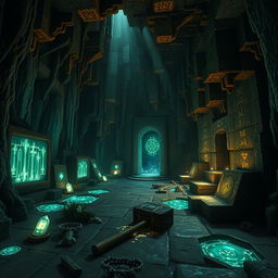 A mysterious underground cave in a Minecraft-inspired world, illuminated by glowing crystals and shimmering water pools