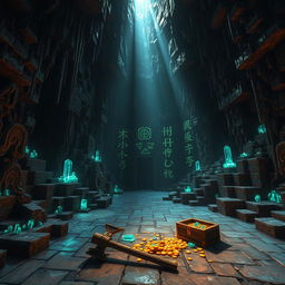 A mysterious underground cave in a Minecraft-inspired world, illuminated by glowing crystals and shimmering water pools