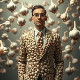 A surreal scene featuring a man in a perfectly tailored suit designed entirely out of garlic cloves and bulbs