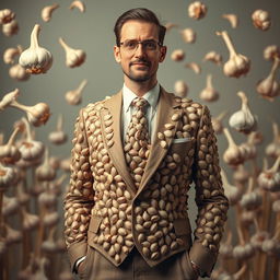 A surreal scene featuring a man in a perfectly tailored suit designed entirely out of garlic cloves and bulbs