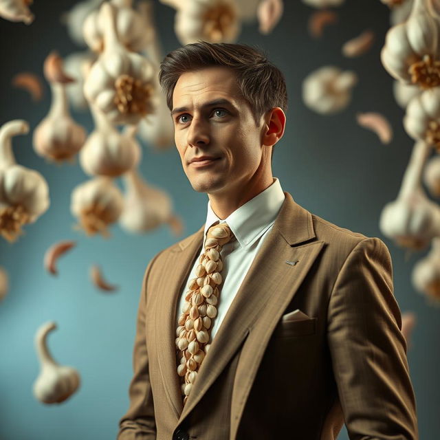 A surreal scene featuring a man in a perfectly tailored suit designed entirely out of garlic cloves and bulbs