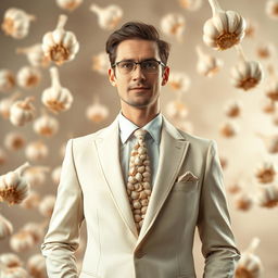 A surreal scene featuring a man in a perfectly tailored suit designed entirely out of garlic cloves and bulbs
