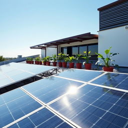 A clean, organized rooftop covered in solar panels, showcasing their smooth, shiny surface reflecting sunlight